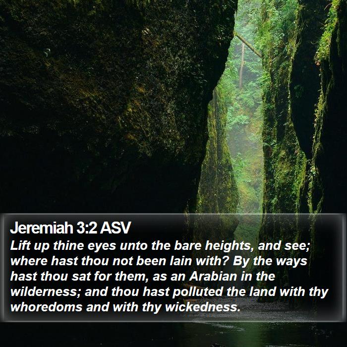 Jeremiah 3:2 ASV - Lift up thine eyes unto the bare heights, and - Bible Verse Picture
