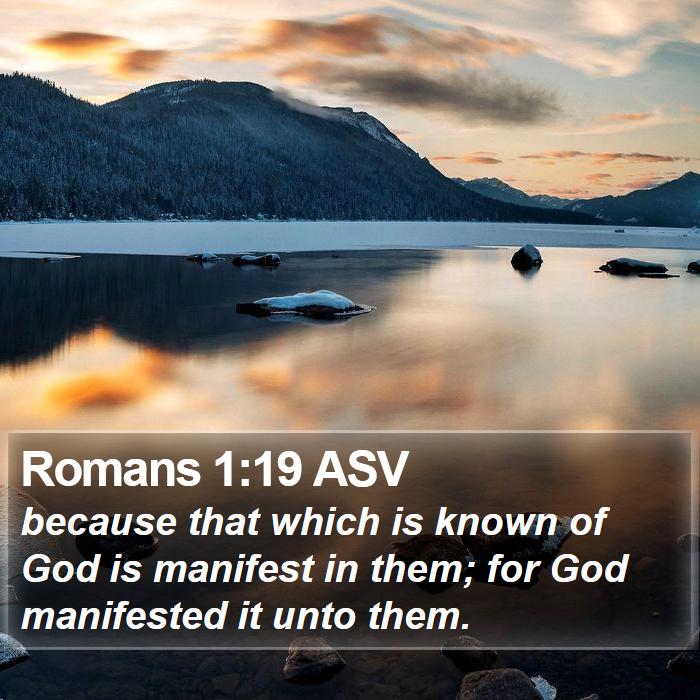 Romans 1:19 ASV - because that which is known of God is manifest in - Bible Verse Picture