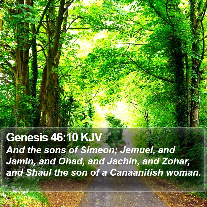 Genesis 46:10 KJV - And the sons of Simeon; Jemuel, and Jamin, and - Bible Verse Picture