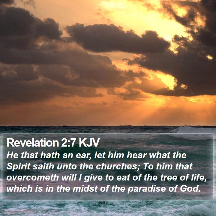 Revelation 2:7 KJV - He that hath an ear, let him hear what the Spirit - Bible Verse Picture