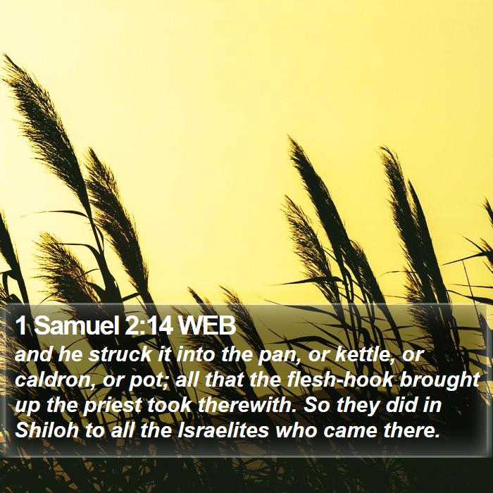 1 Samuel 2:14 WEB - and he struck it into the pan, or kettle, or - Bible Verse Picture