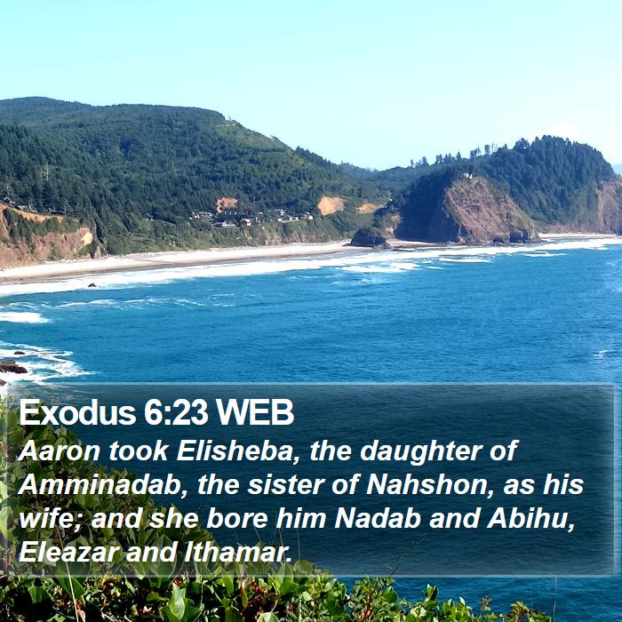 Exodus 6:23 WEB - Aaron took Elisheba, the daughter of Amminadab, - Bible Verse Picture