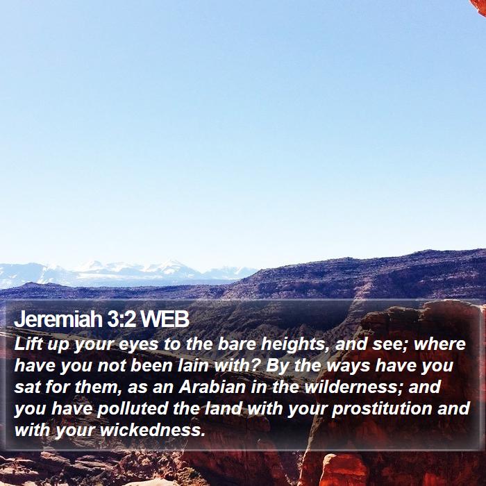 Jeremiah 3:2 WEB - Lift up your eyes to the bare heights, and see; - Bible Verse Picture
