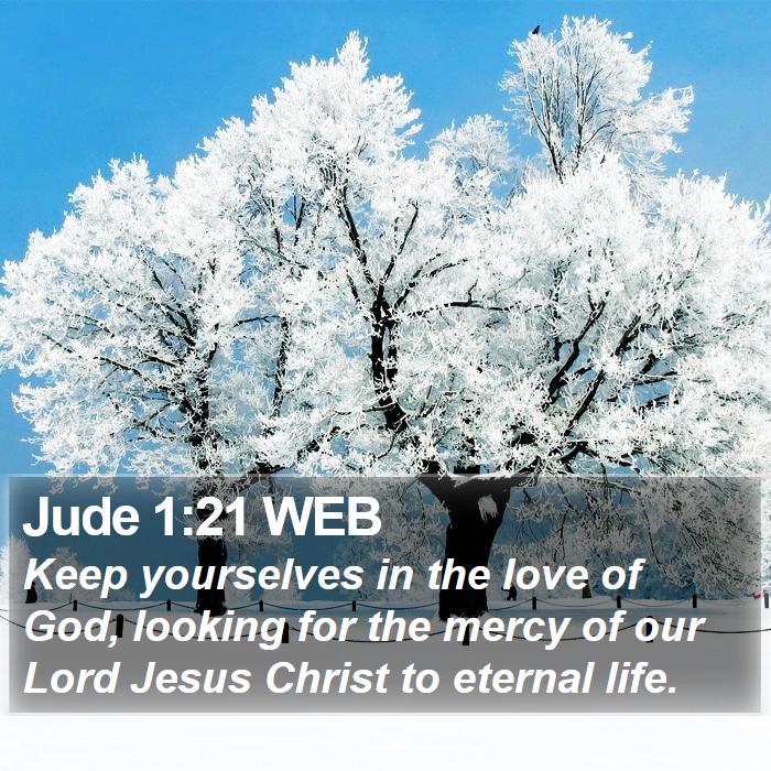 Jude 1:21 WEB - Keep yourselves in the love of God, looking for - Bible Verse Picture